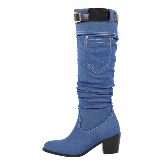 Denim Round Toe Chunky Heel Crossdressing Thigh Boots