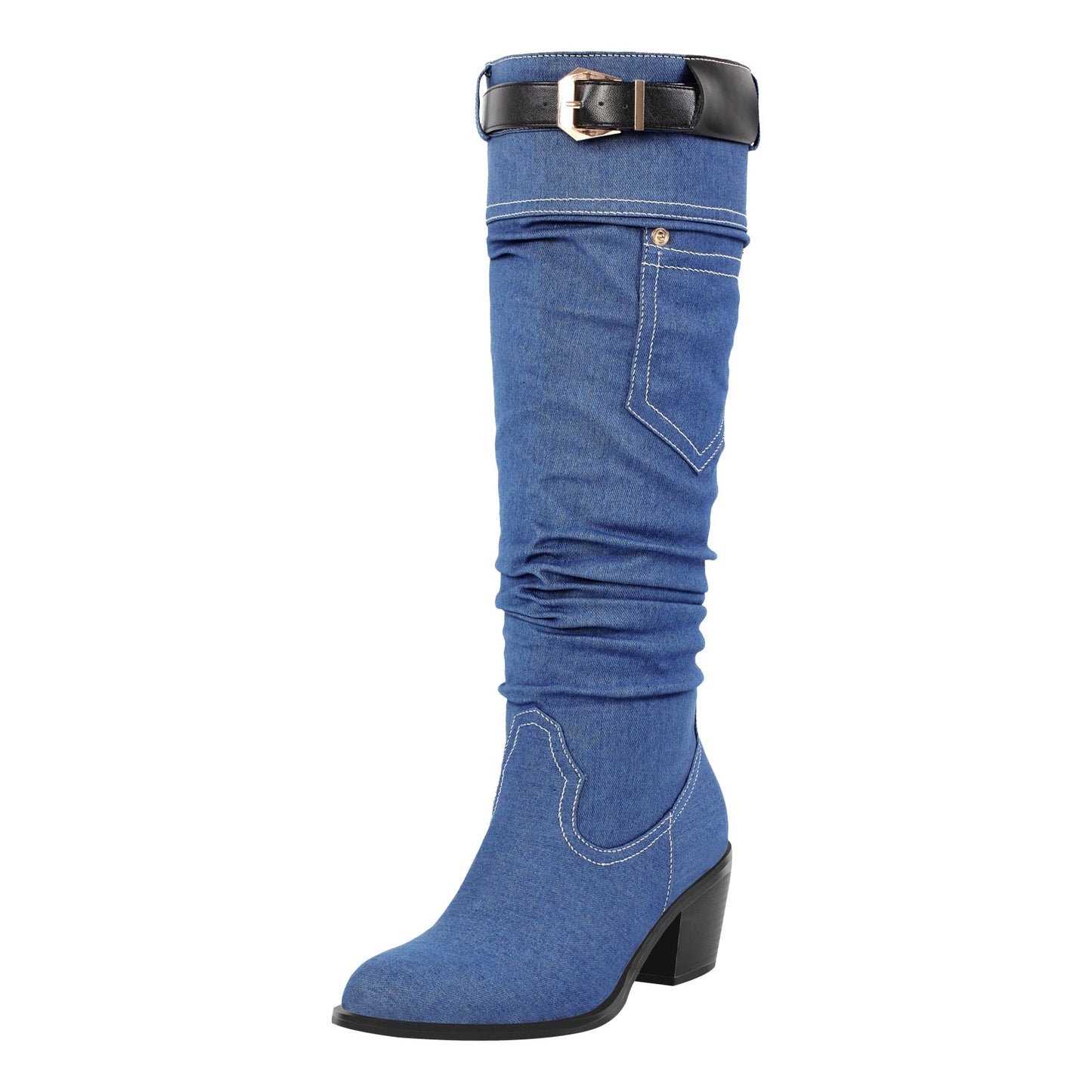 Denim Round Toe Chunky Heel Crossdressing Thigh Boots