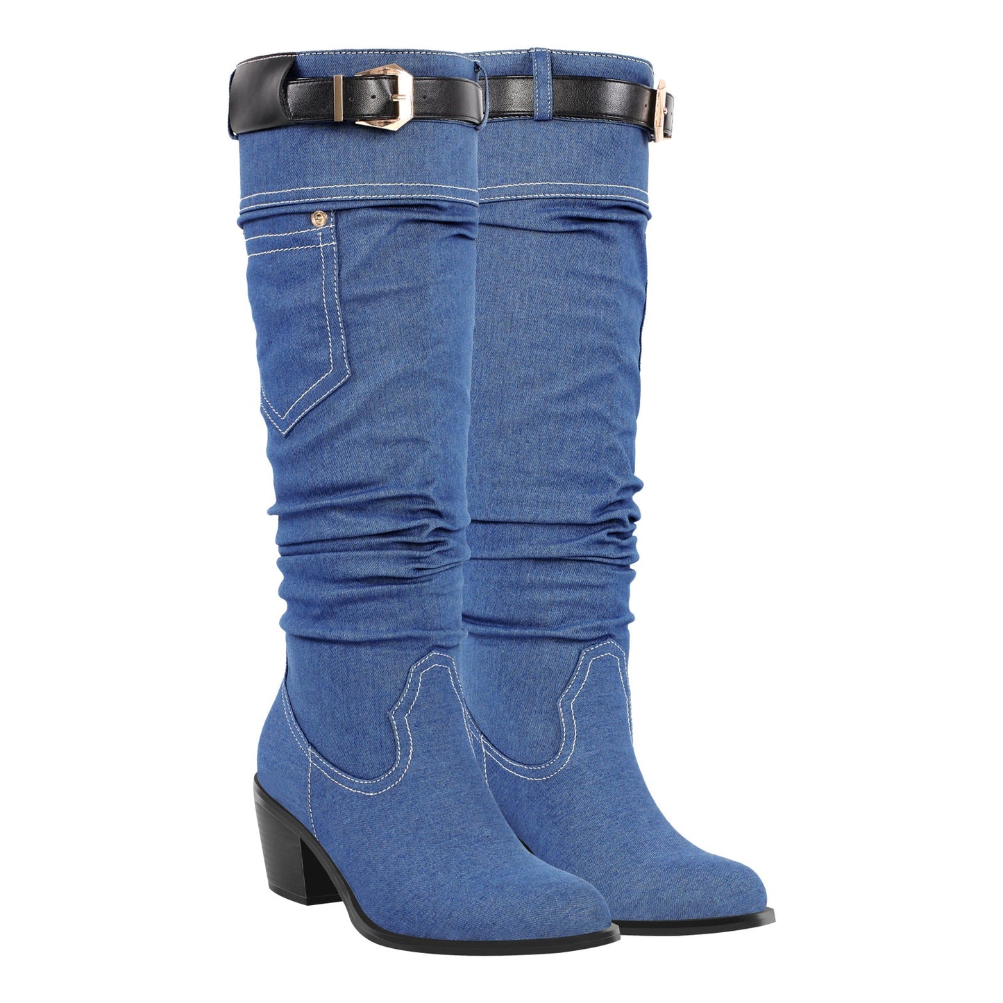 Denim Round Toe Chunky Heel Crossdressing Thigh Boots