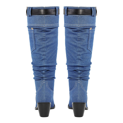 Denim Round Toe Chunky Heel Crossdressing Thigh Boots