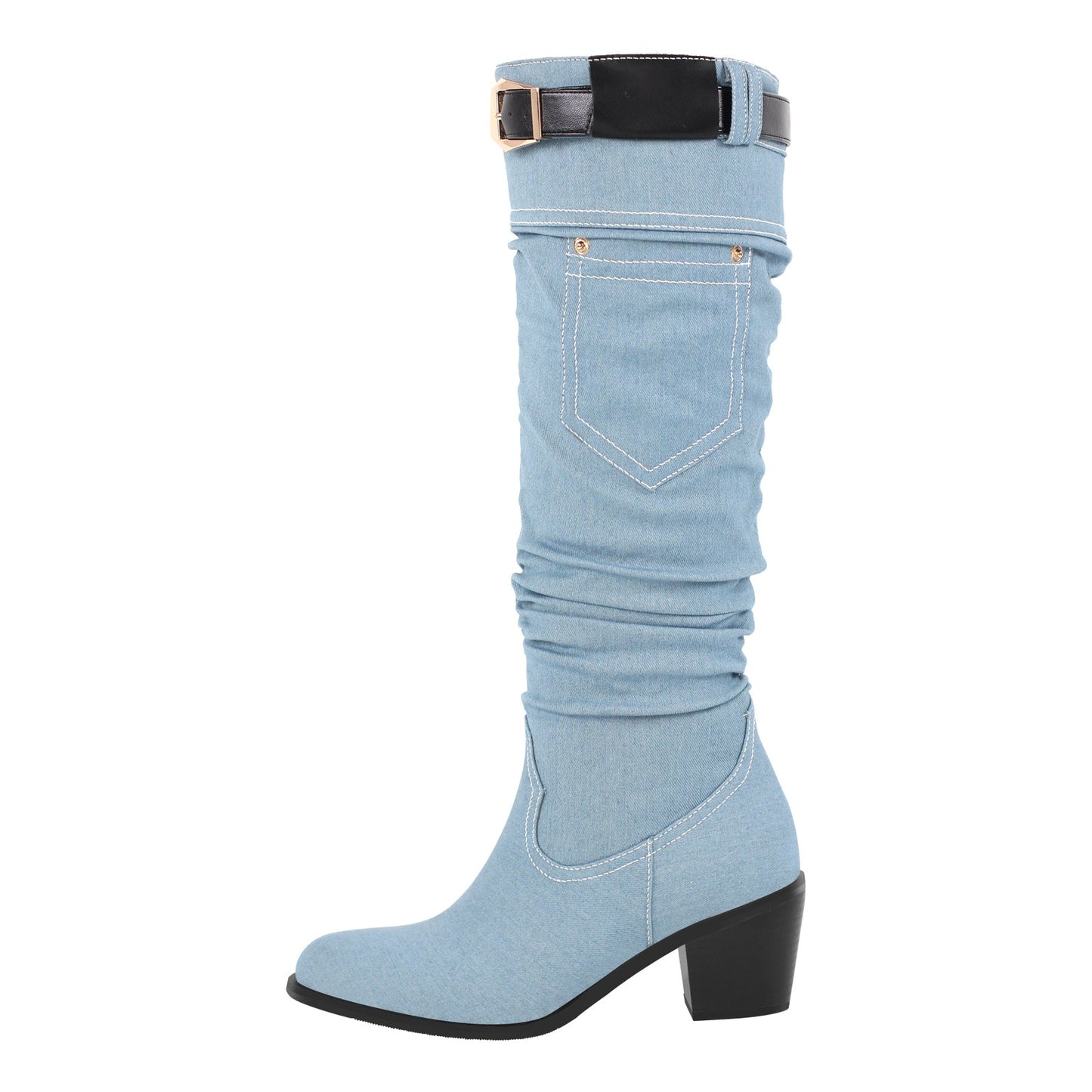 Denim Round Toe Chunky Heel Crossdressing Thigh Boots
