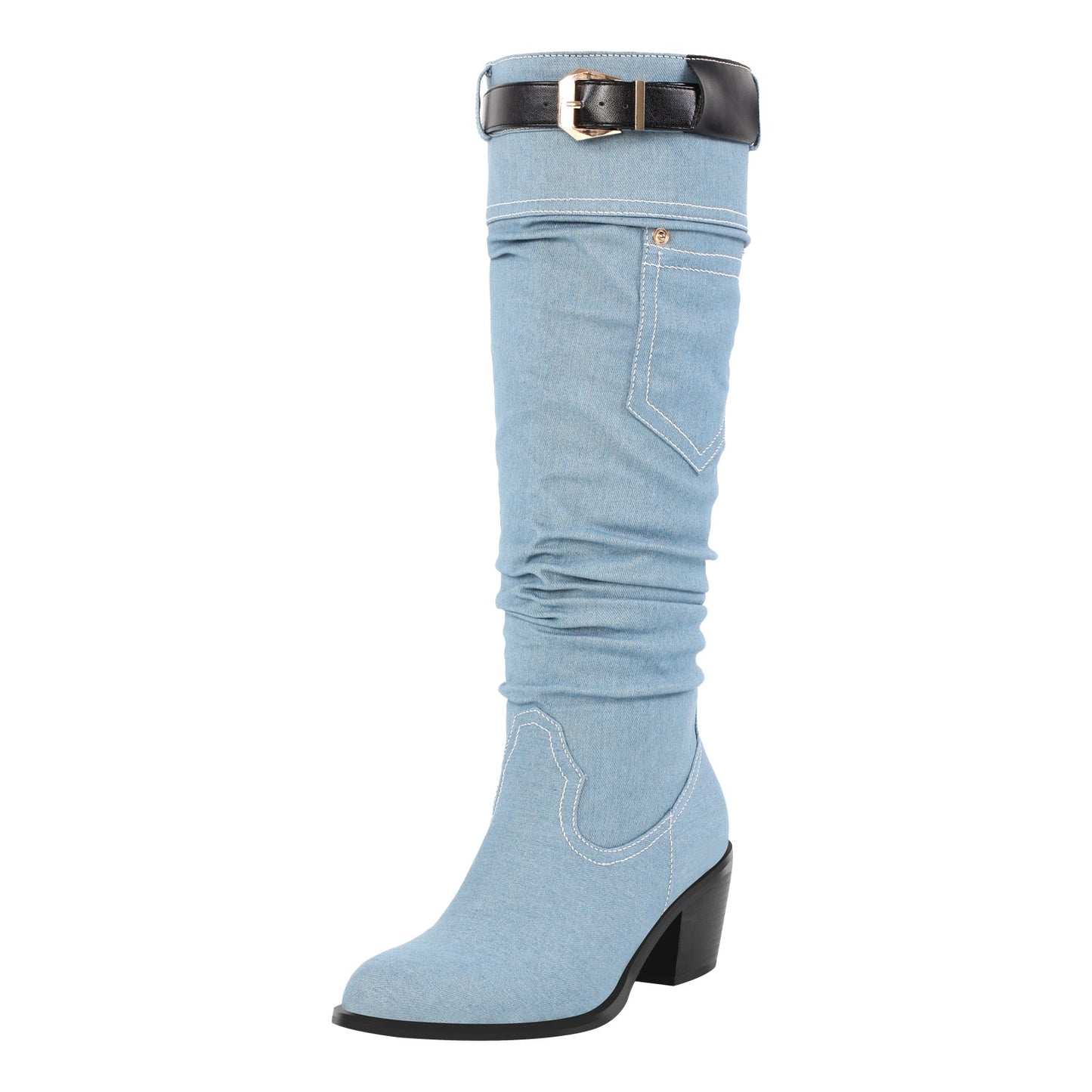 Denim Round Toe Chunky Heel Crossdressing Thigh Boots