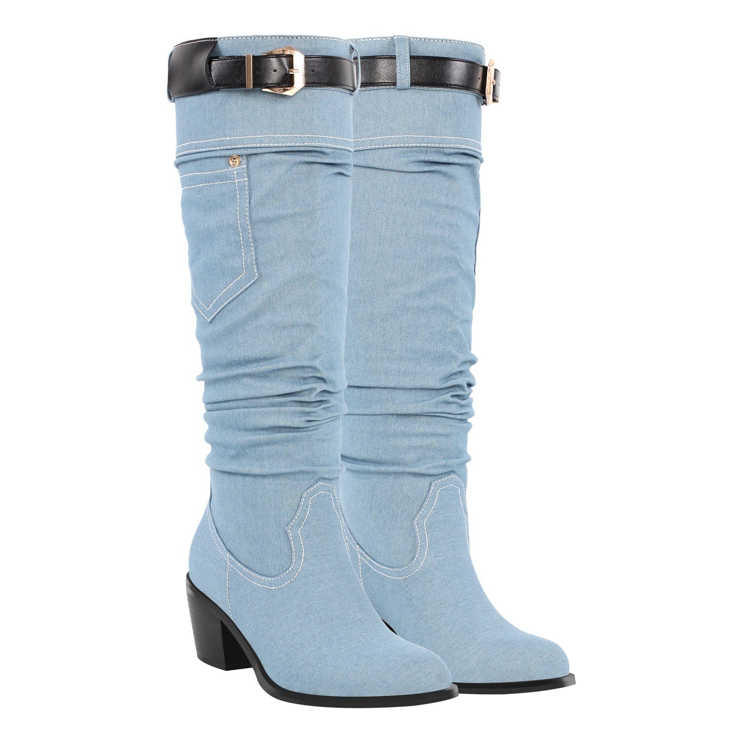 Denim Round Toe Chunky Heel Crossdressing Thigh Boots