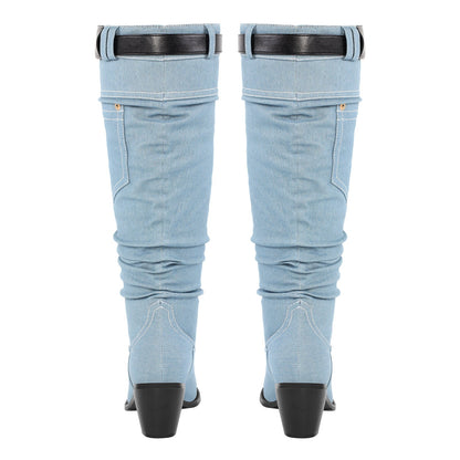 Denim Round Toe Chunky Heel Crossdressing Thigh Boots