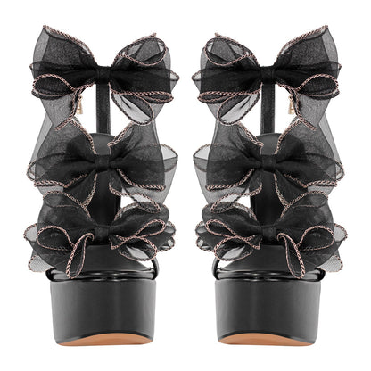 Black Bow Ankle Strap Chunky Heel Platform Crossdressing Sandals