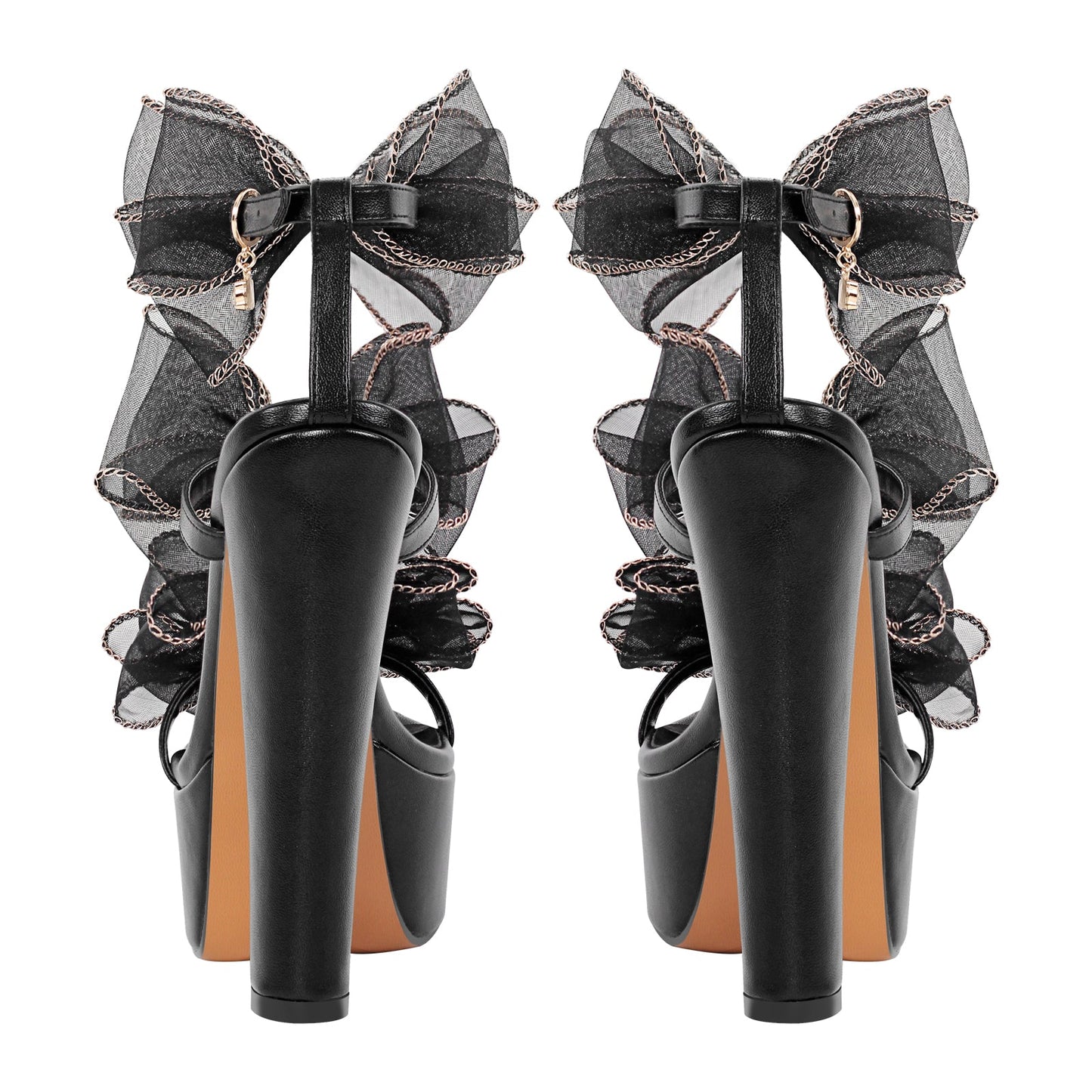 Black Bow Ankle Strap Chunky Heel Platform Crossdressing Sandals