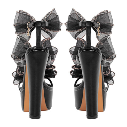 Black Bow Ankle Strap Chunky Heel Platform Crossdressing Sandals