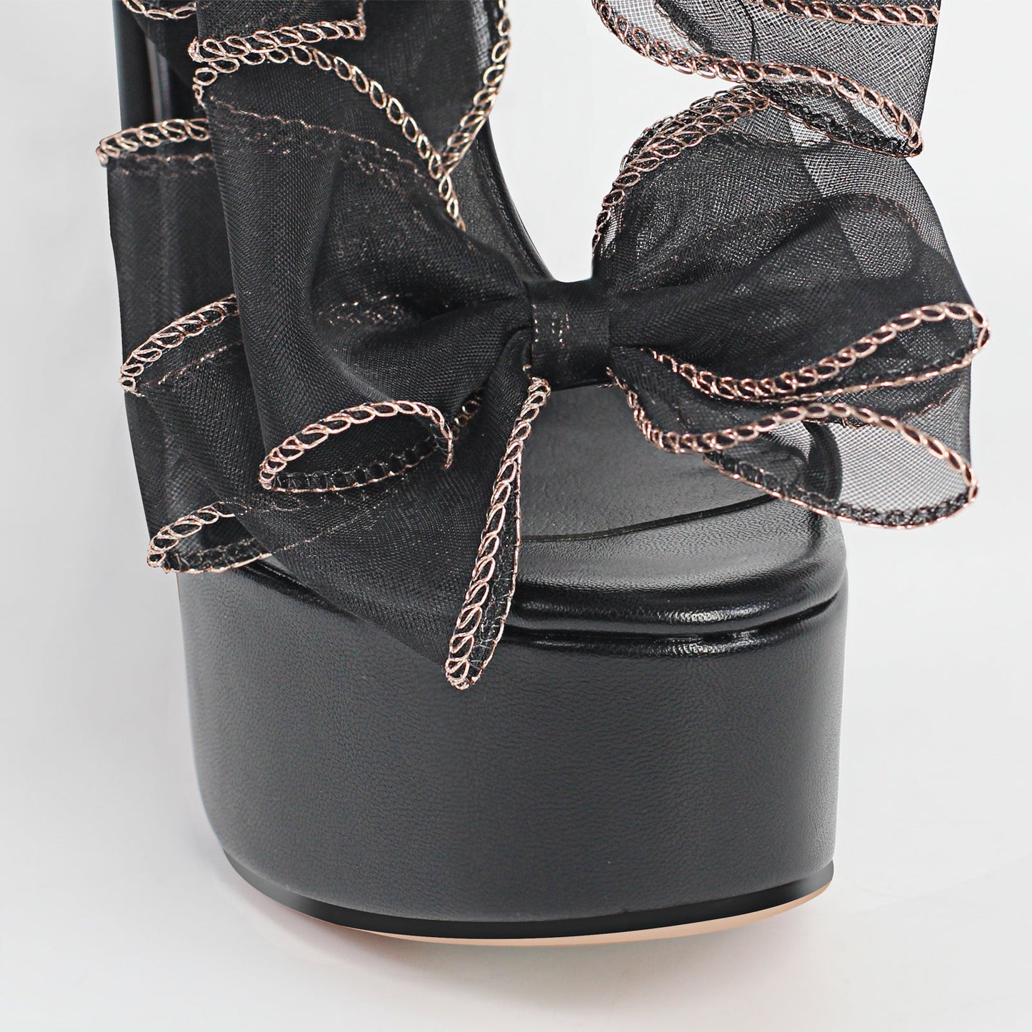 Black Bow Ankle Strap Chunky Heel Platform Crossdressing Sandals