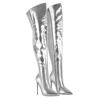 Metallic Pointed Toe Stiletto Over The Knee Crossdressing Boots