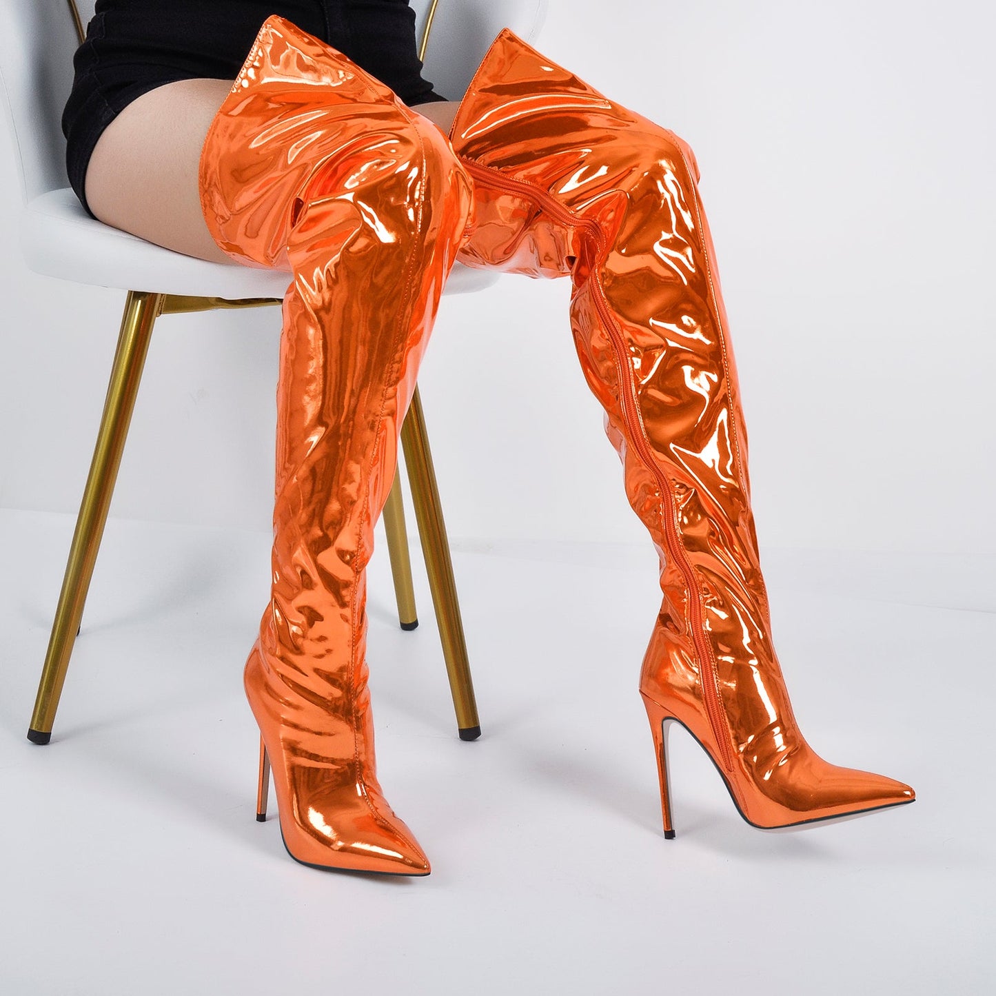Metallic Pointed Toe Stiletto Over The Knee Crossdressing Boots