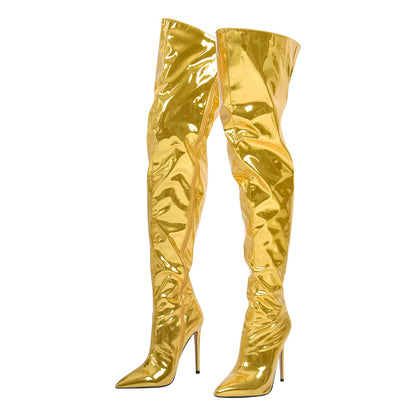 Metallic Pointed Toe Stiletto Over The Knee Crossdressing Boots