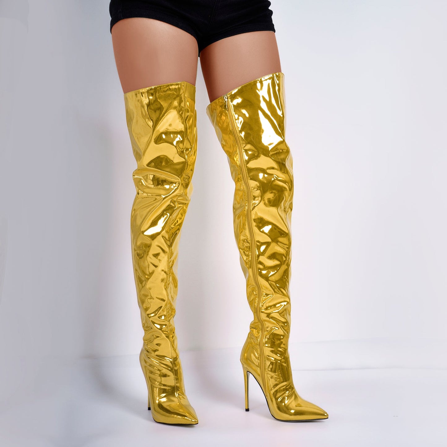 Metallic Pointed Toe Stiletto Over The Knee Crossdressing Boots