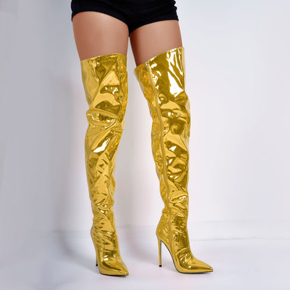 Metallic Pointed Toe Stiletto Over The Knee Crossdressing Boots