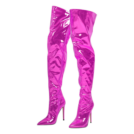 Metallic Pointed Toe Stiletto Over The Knee Crossdressing Boots