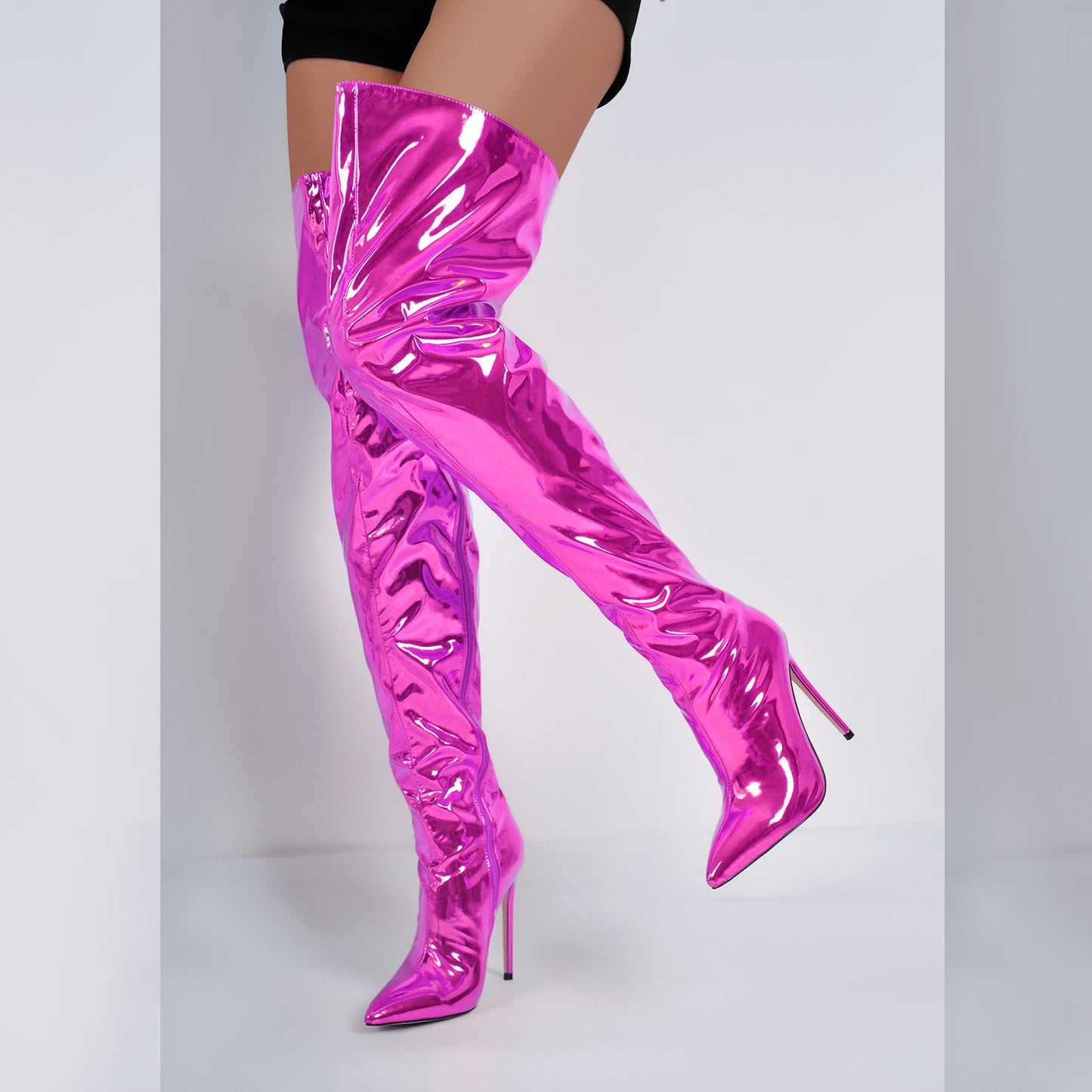 Metallic Pointed Toe Stiletto Over The Knee Crossdressing Boots