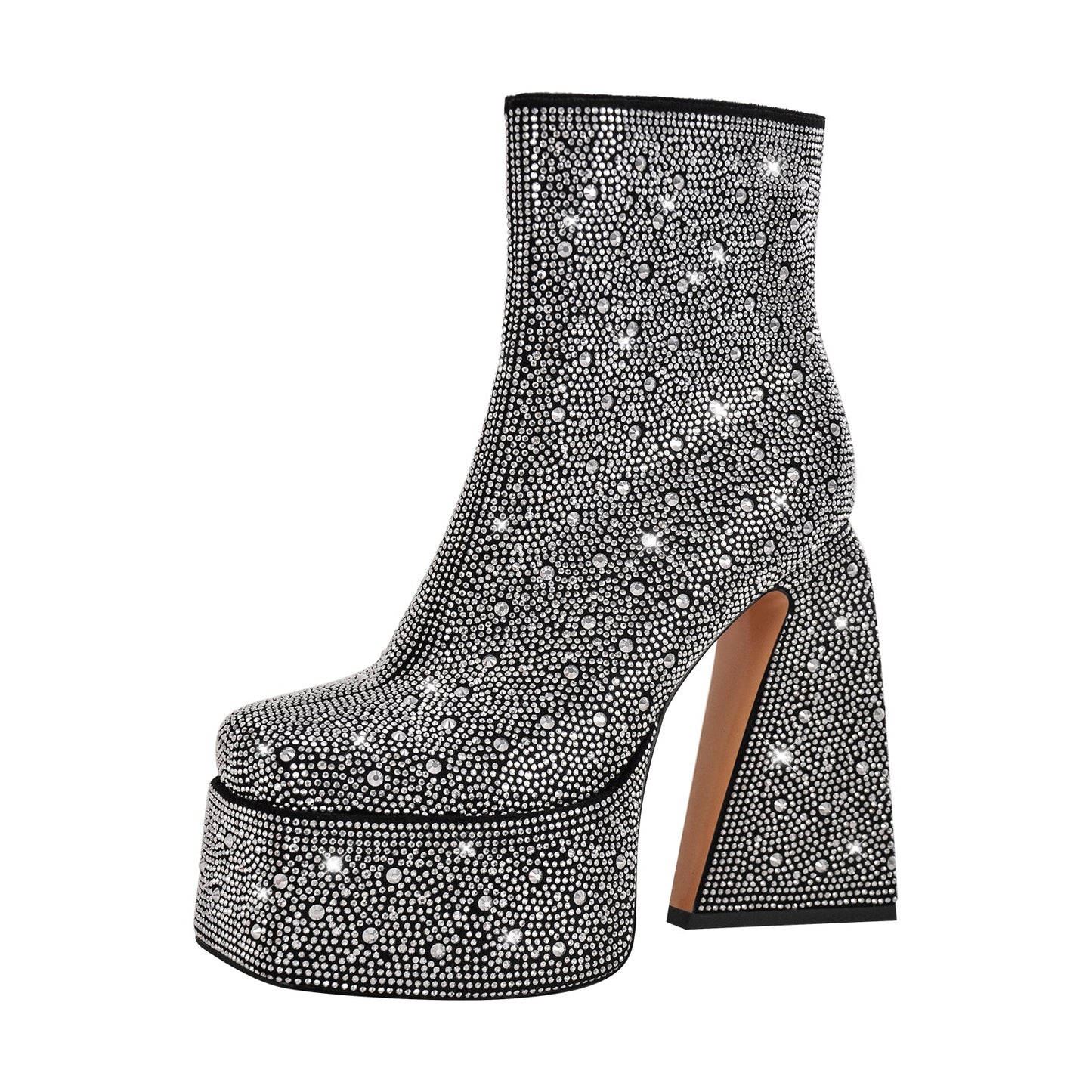Rhinestone Square Toe Chunky Heel Platform Ankle Crossdressing Boots