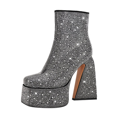 Rhinestone Square Toe Chunky Heel Platform Ankle Crossdressing Boots