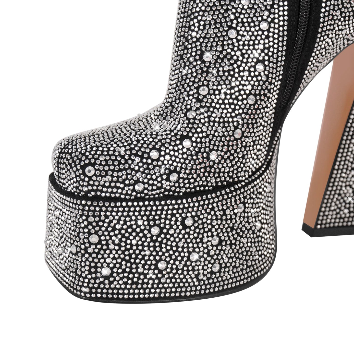 Rhinestone Square Toe Chunky Heel Platform Ankle Crossdressing Boots