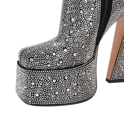 Rhinestone Square Toe Chunky Heel Platform Ankle Crossdressing Boots