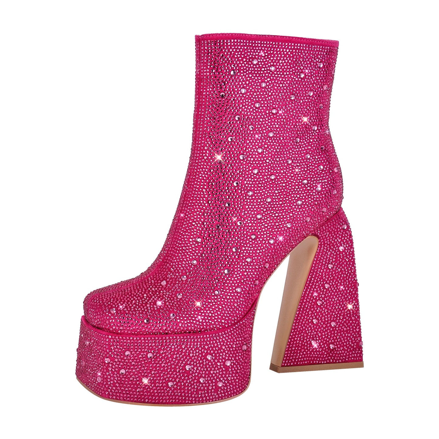 Rhinestone Square Toe Chunky Heel Platform Ankle Crossdressing Boots
