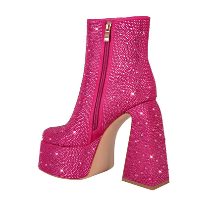 Rhinestone Square Toe Chunky Heel Platform Ankle Crossdressing Boots