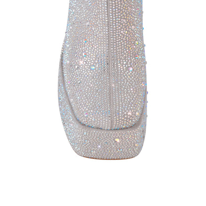Rhinestone Square Toe Chunky Heel Platform Ankle Crossdressing Boots