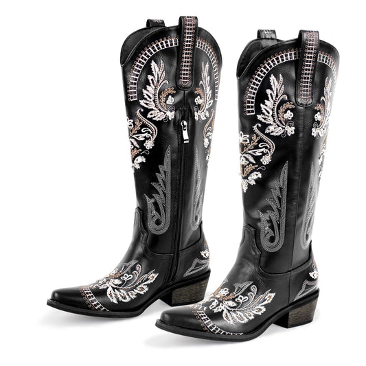 Embroidery Rhinestone Chunky Heel Knee High Crossdressing Boots