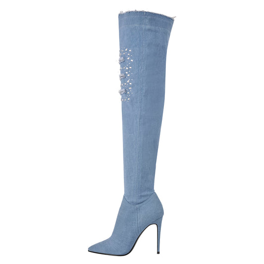 Denim Pointed Toe High Stiletto Over The Knee Crossdressing Boots