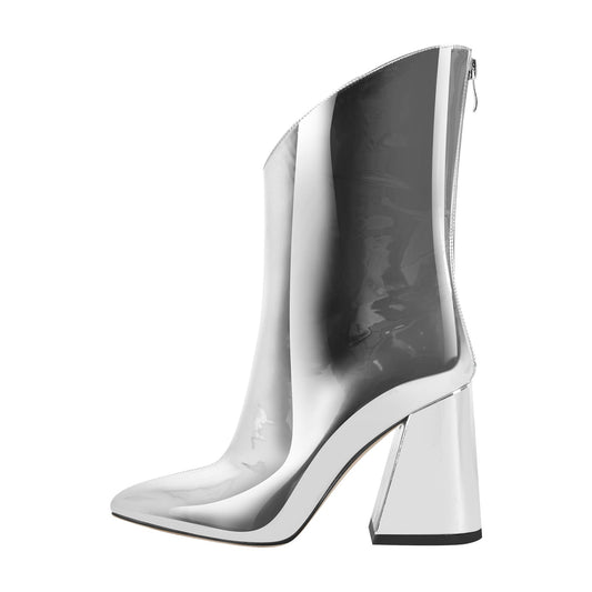 Silver Metallic Leather Chunky Heel Crossdressing Ankle Boots