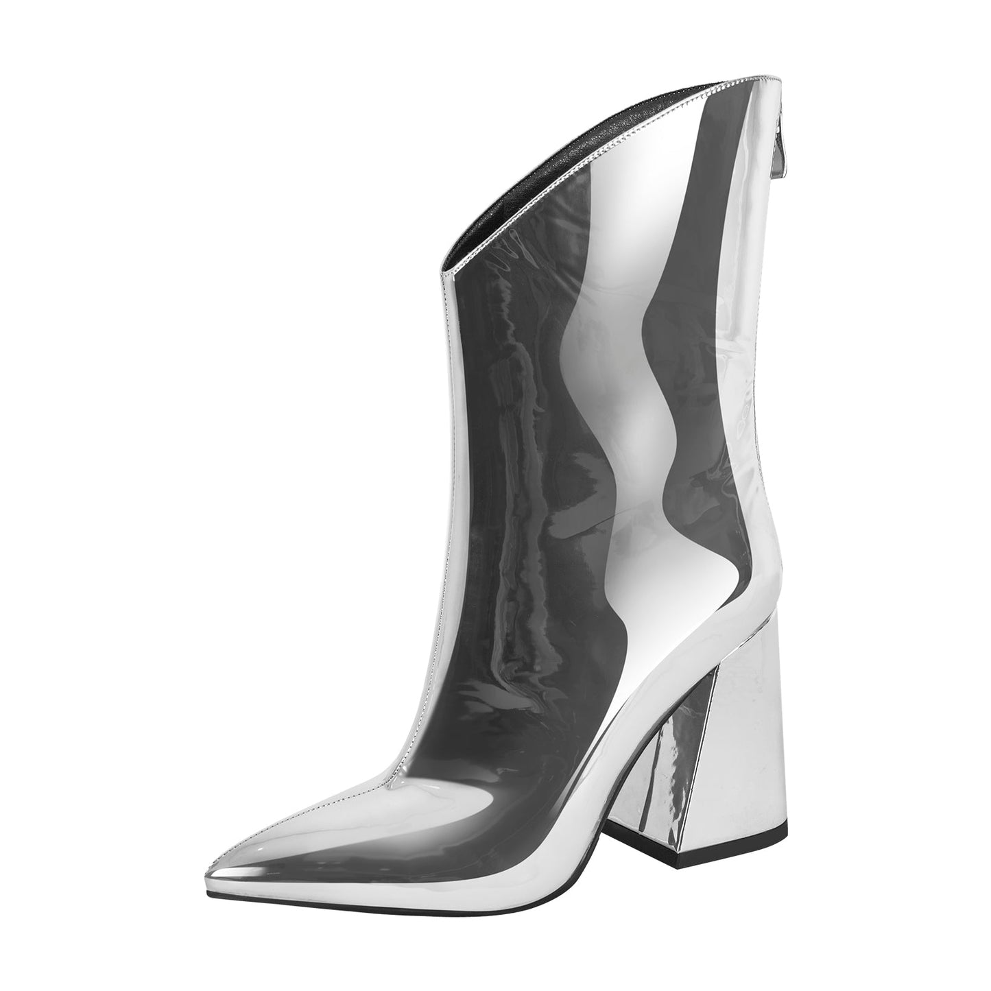 Silver Metallic Leather Chunky Heel Crossdressing Ankle Boots