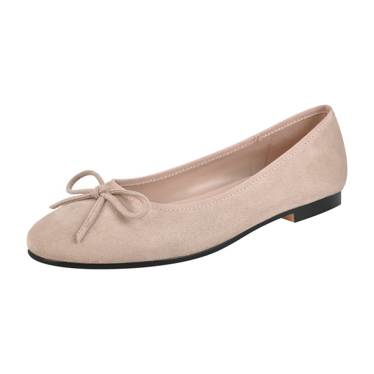 Bow Round Toe Suede Natural Ballet Crossdressing Flats