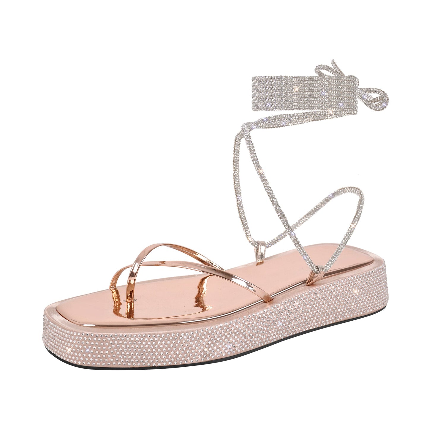 Crossdressing Flats Rhinestone Platform Lace-up Strap Sandals