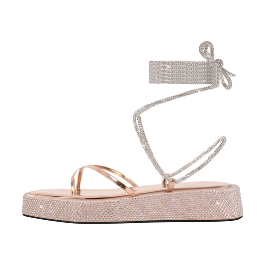 Crossdressing Flats Rhinestone Platform Lace-up Strap Sandals