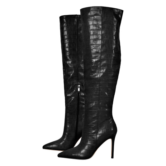 Stone Print Pointed Toe Stiletto Crossdressing Thigh High Boots