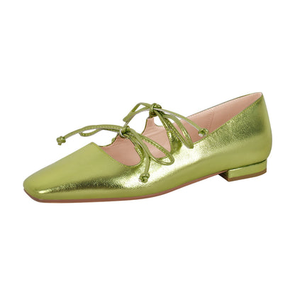 Square Toe Bow Strap Metallic Crossdressing Flats