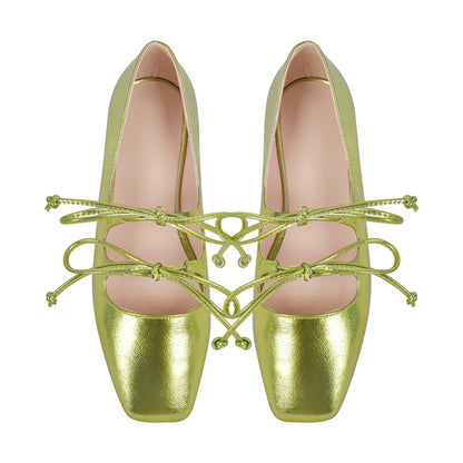 Square Toe Bow Strap Metallic Crossdressing Flats