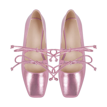 Square Toe Bow Strap Metallic Crossdressing Flats