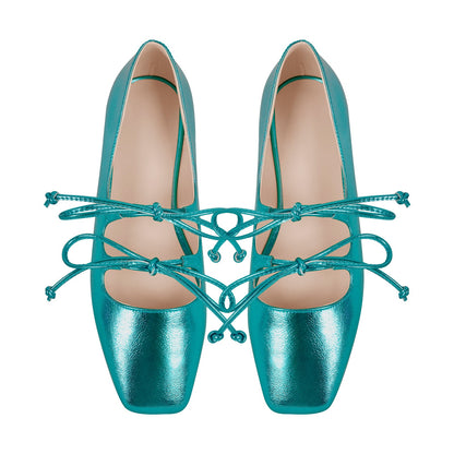 Square Toe Bow Strap Metallic Crossdressing Flats