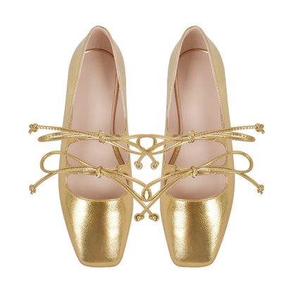Square Toe Bow Strap Metallic Crossdressing Flats