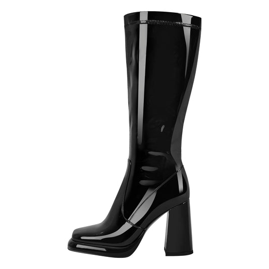 Platform Square Toe Chunky Heel Knee High Crossdressing Boots