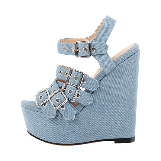 Denim Platform Wedge Heel Buckle Strap Crossdressing Sandals