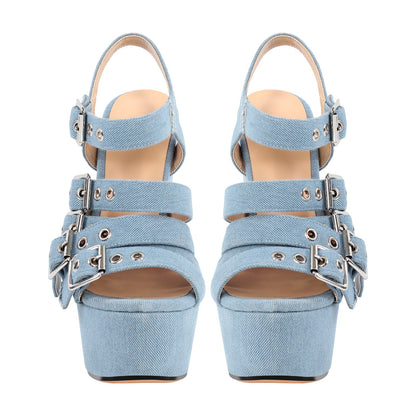 Denim Platform Wedge Heel Buckle Strap Crossdressing Sandals