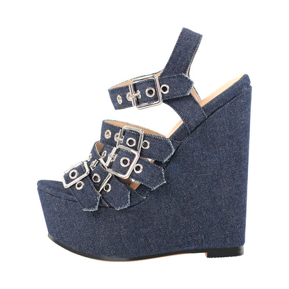Denim Platform Wedge Heel Buckle Strap Crossdressing Sandals