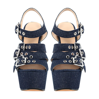 Denim Platform Wedge Heel Buckle Strap Crossdressing Sandals