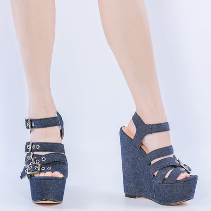 Denim Platform Wedge Heel Buckle Strap Crossdressing Sandals