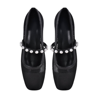 Square Toe Pearl Belt Mesh Crossdressing Flats