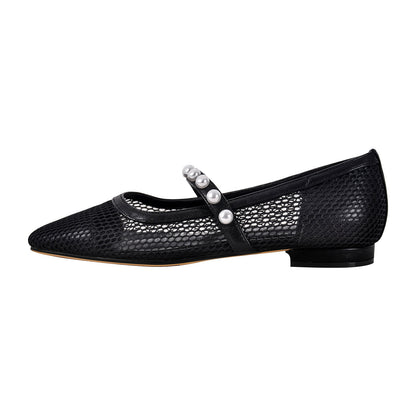Square Toe Pearl Belt Mesh Crossdressing Flats