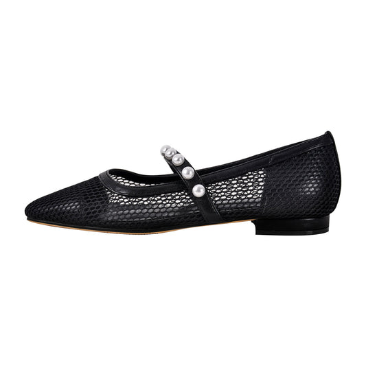 Square Toe Pearl Belt Mesh Crossdressing Flats