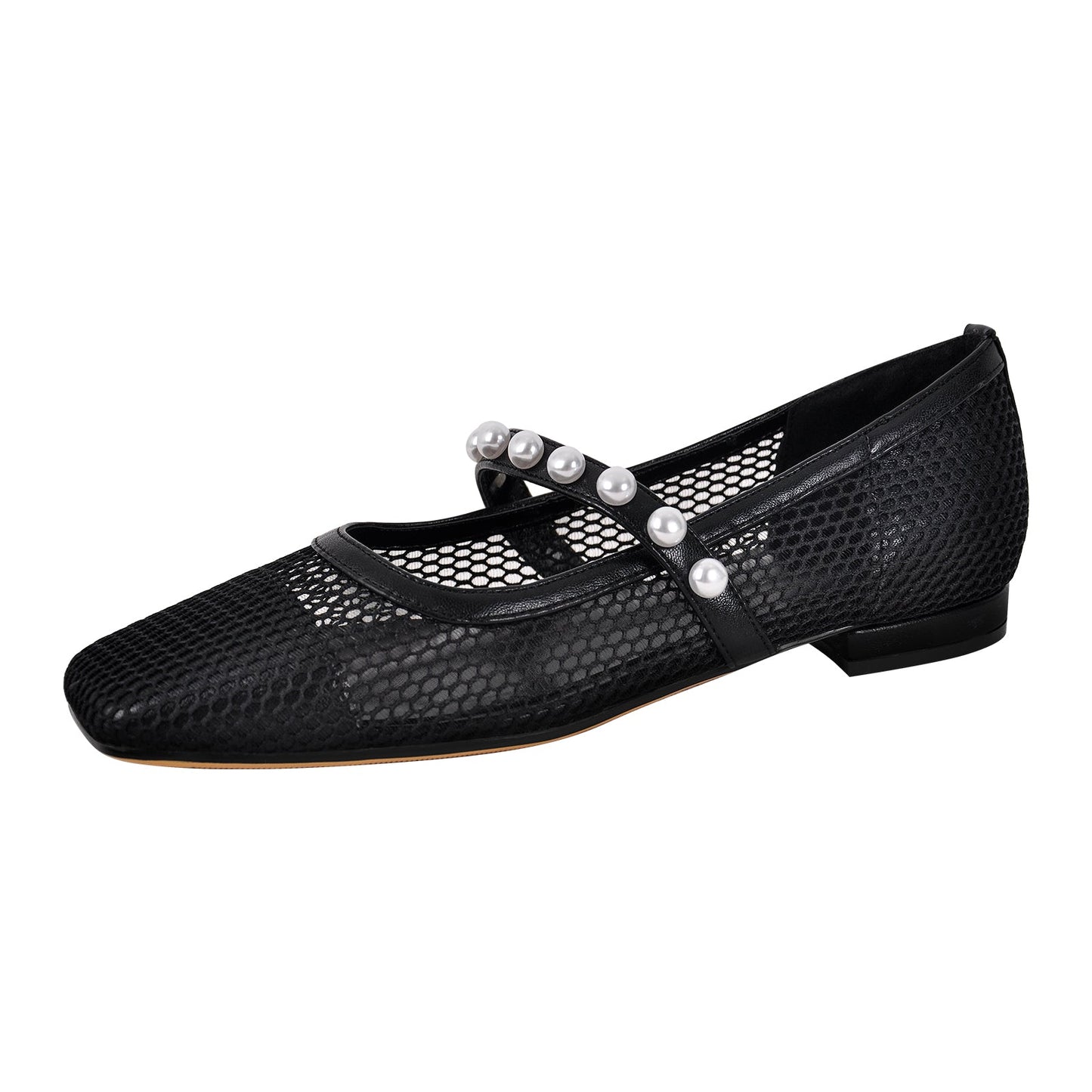 Square Toe Pearl Belt Mesh Crossdressing Flats