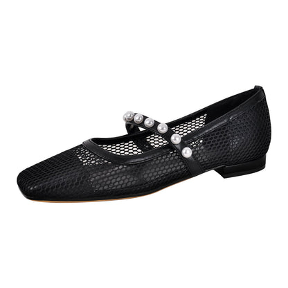 Square Toe Pearl Belt Mesh Crossdressing Flats
